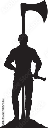 Black silhouette of a lumberjack with a large axe woodcutter