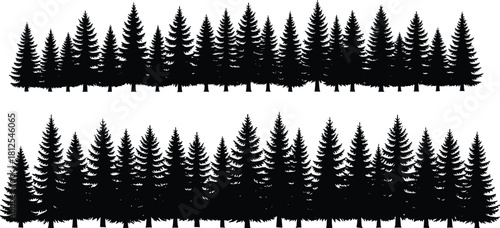 Pine tree silhouettes, forest edge icons, evergreen tree shapes, nature graphic elements, black vector trees, flat vector illustration