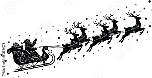 Santa sleigh silhouette, flying reindeer icons, Christmas night scene, festive holiday graphic, magical winter elements, flat vector illustration