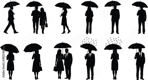 Umbrella people silhouettes, rainy day icons, walking figures, black vector humans, weather scene graphics, social interaction shapes, flat vector illustration