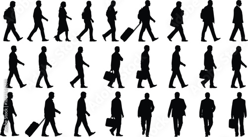 Walking people silhouettes, urban pedestrian icons, crowd movement shapes, travel figures, black vector humans, flat vector illustration