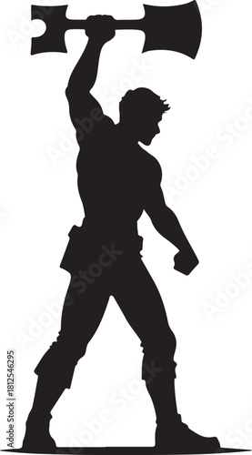 Black silhouette of a muscular man swinging a large axe