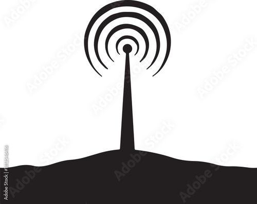 Black silhouette of a radio tower emitting waves on a hill