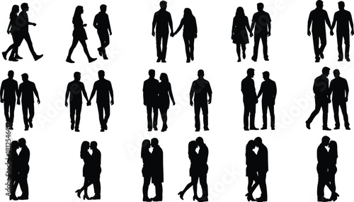 Couple silhouette collection, romantic poses icons, love and affection shapes, black vector figures, relationship moments graphics, flat vector illustration
