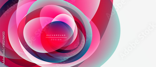 Abstract colorful layers create dynamic circular design. Gradient shades blend, forming modern background. Text reads background design.