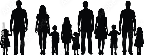Family row silhouette, adults and children icons, generational bond shapes, black vector figures, unity and care graphics, flat vector illustration