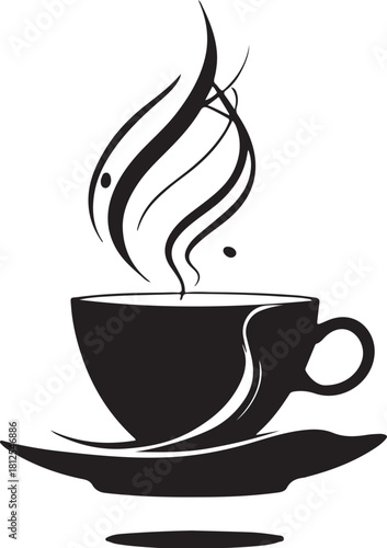 Black silhouette of a steaming coffee cup and saucer