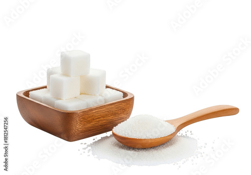 A fine square polished wooden bowl filled with many white sugar cubes and a wooden spoon with granulated sugar beside the bowl on transparent background