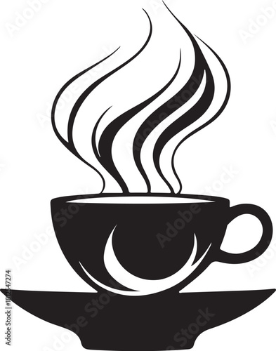 Black silhouette of steaming coffee cup on saucer hot drink