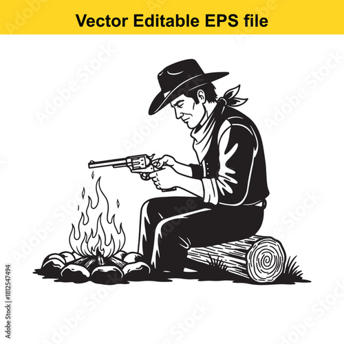 Black and white vector illustration of a cowboy sitting on a log cleaning his revolver next to a campfire isolated on