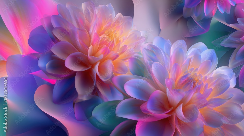 Obraz premium Hyper creative neon floral waves blending into geometric shapes, dreamy depth, soft blur in background, crisp foreground shapes, ultra detailed