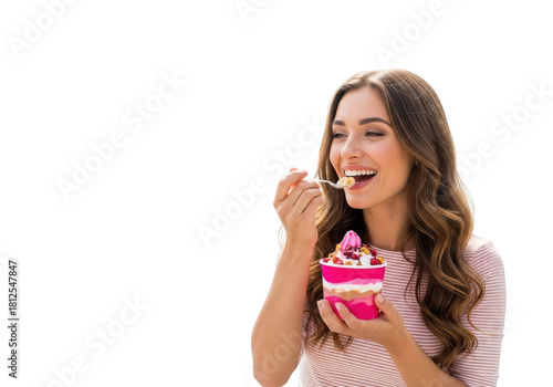 A beautiful woman enjoying a cup of appealing strawberry ice cream with strawberry syrup and candy on top a spoon and a bright smile on her face in the sunlight on transparent background