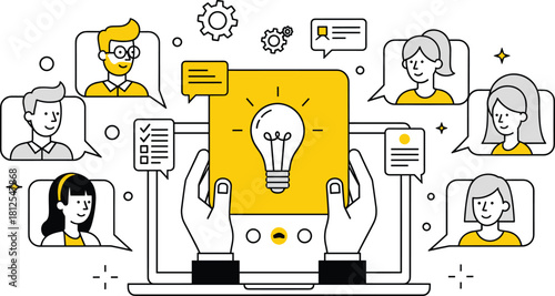 Virtual collaboration concept—hands with idea sheet, avatars, and chat icons for remote teamwork and innovation visuals