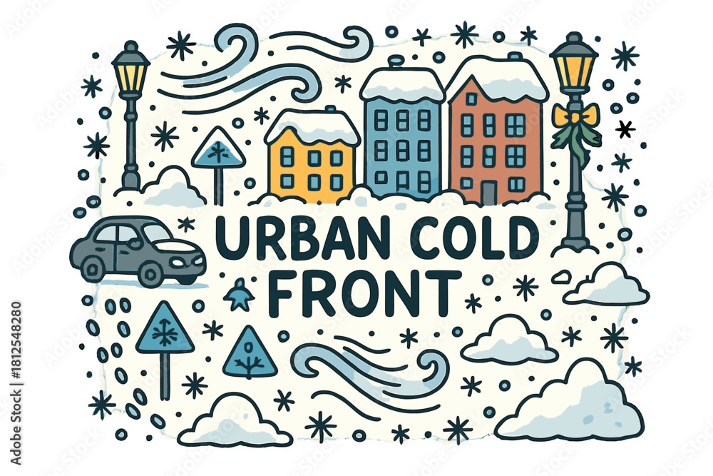 Fototapeta premium Urban Winter Wonderland. Urban cold front. Hand-drawn doodle illustration of Urban cold front. icy wind lines,