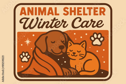 Vintage Winter Animal Care. Animal shelter winter care. 70s poster vibe, warm–cold contrast, thick outlines,