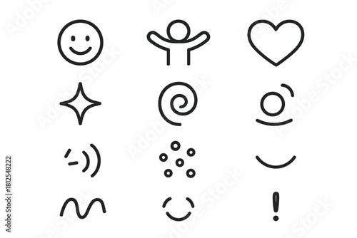 Winter Joy Icons. Winter joy symbols. Line outline icon set of Winter joy symbols: smiling face, open arms,