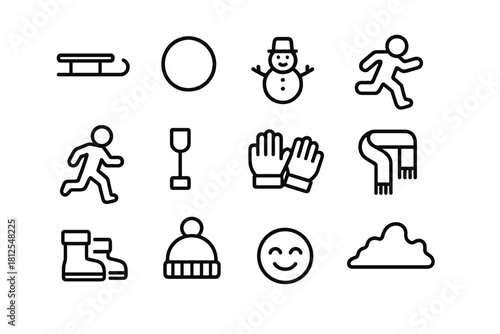 Winter Playtime Icons. Winter playtime. Line outline icon set of Winter playtime: sled, snowball, snowman,