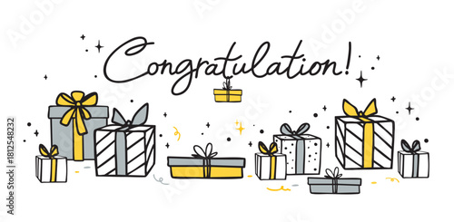 Hand-drawn festive illustration with the word “Congratulation!” surrounded by decorative gift boxes, ribbons, sparkles, and celebration elements in yellow and gray tones