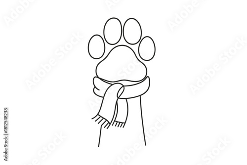 Cozy Paw Drawing. Animal shelter winter care. Minimalistic one-line drawing of a paw with a small winter scarf