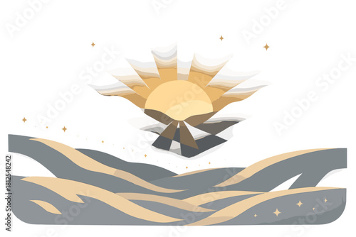 Sunlit Snowy Valley. Sunrise valley view. Rays spill between mountain layers, illuminating soft rolling snow