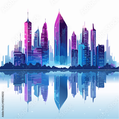 Cyberpunk Neon Skyline with High-Rise Towers and Mirror Reflection