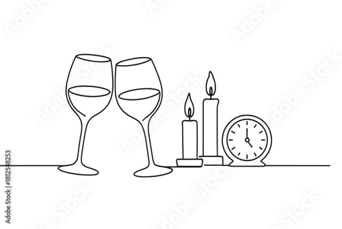 Minimalist Romantic Dinner. New Year’s Eve romantic dinner. Minimalistic one-line drawing two wine glasses,