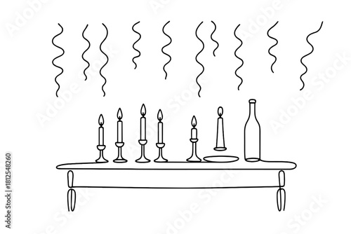 Minimalist Candlelight Supper. Festive candlelight supper. Minimalistic one-line drawing long table with