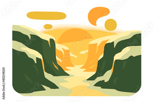 Dawn Over Frozen Canyon. Dawn over frozen canyon. Deep snowy cliffs ignite with soft orange glow as light