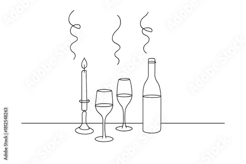 Elegant Candlelit Dinner. Elegant year-end dinner. Minimalistic one-line drawing refined candlelit table with