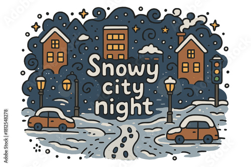Snowy City Nightscape. Snowy city night. Hand-drawn doodle illustration of Snowy city night. glowing windows,