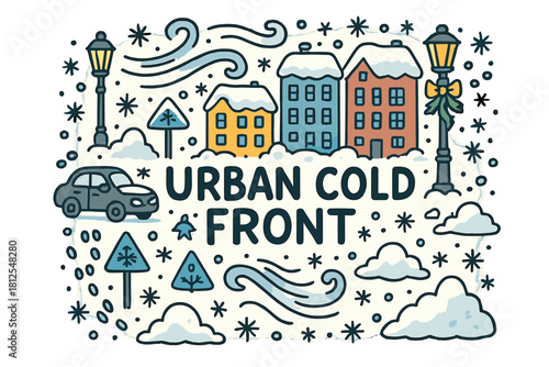 Urban Winter Wonderland. Urban cold front. Hand-drawn doodle illustration of Urban cold front. icy wind lines,