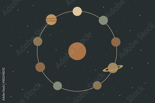 Cosmic Clock Alignment. Cosmic alignment minimalist flat illustration of planets forming perfect clock-like