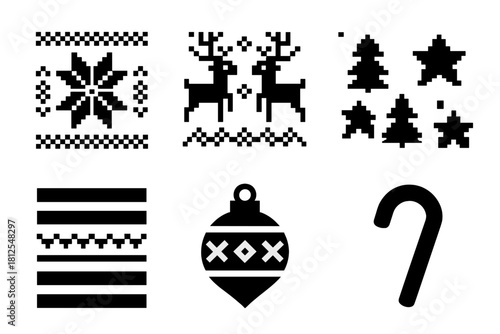 Black Christmas Icons. Christmas patterns. Filled icon set of Christmas patterns: knitted snowflake, reindeer