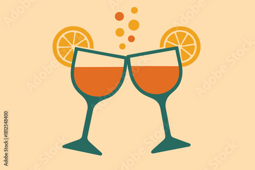 Retro Cheers Illustration. Celebration drinks minimalist flat illustration of clinking glasses, citrus slices,