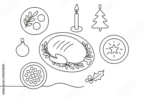 Minimalist Holiday Feast. Holiday meal composition. Minimalistic one-line drawing flat lay of dishes, candle,