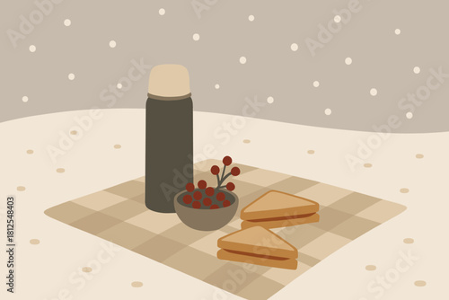 Snowy Picnic Scene. Snow day picnic minimalist flat illustration of a thermos, berries, and sandwiches on a
