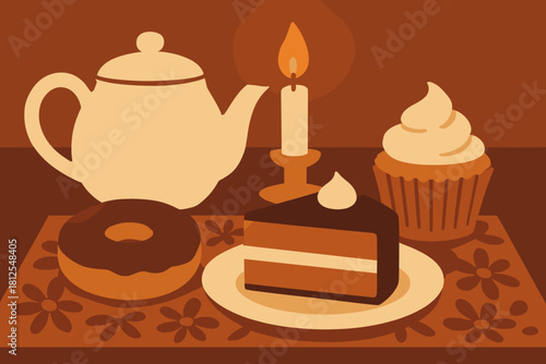 Candlelit Pastry Spread. Candlelit dessert spread minimalist flat illustration of pastries and a teapot on a