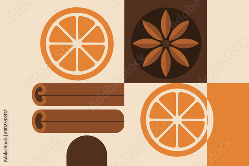Holiday Spice Arrangement. Holiday spice assortment minimalist flat illustration of cinnamon, star anise, and
