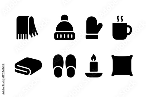 Winter Comfort Icons. Winter comfort items. Filled icon set of Winter comfort items: wool scarf, knit hat,