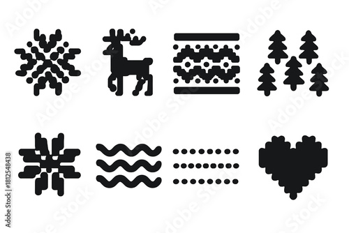 Scandinavian Icon Grid. Scandinavian patterns. Filled icon set of Scandinavian patterns: knit snowflake,