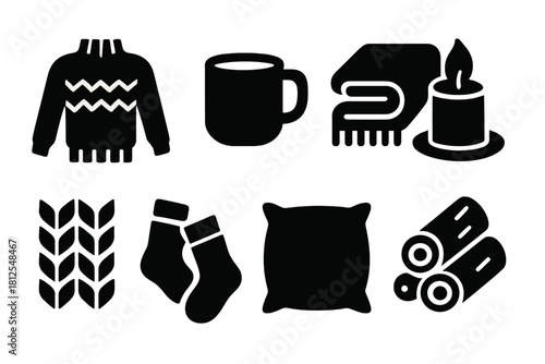 Nordic Cozy Icons. Nordic coziness. Filled icon set of Nordic coziness: wool sweater, mug, blanket, candle,