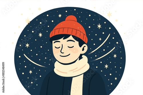 Frozen Serenity Scene. Frozen serenity. Snow dances around the character as a gentle smile forms, highlighted