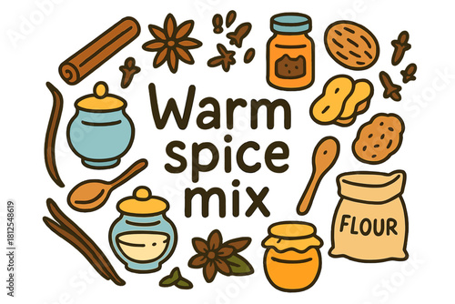 Warm Spice Doodle. Warm spice mix. Hand-drawn doodle illustration of Warm spice mix. cinnamon, star anise,