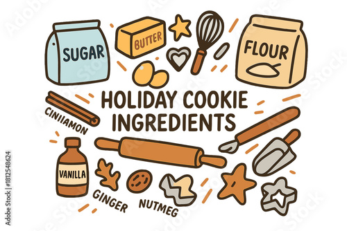 Holiday Cookie Ingredients. Holiday cookie ingredients. Hand-drawn doodle illustration of Holiday cookie