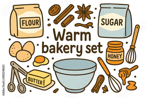 Warm Bakery Set. Warm bakery set. Hand-drawn doodle illustration of Warm bakery set. flour, sugar, eggs,
