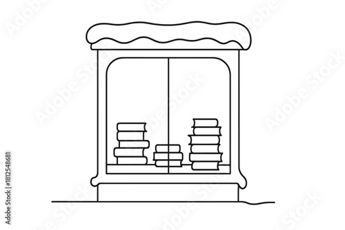 Minimalist Bookstore Window. Cozy reading street. Minimalistic one-line drawing bookstore window with book