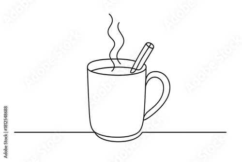 Minimalist Mulled Wine. Hot mulled wine on wooden table. Minimalistic one-line drawing of a steaming