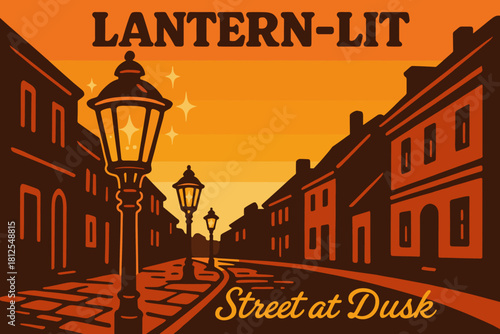 Retro Lantern Street. Lantern-lit street at dusk. 70s poster vibe, warm evening gradient mood, thick outlines,