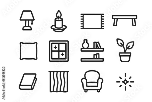 Warm Room Icons. Warm room elements. Line outline icon set of Warm room elements: small lamp, candle, rug, low
