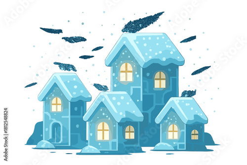 Ice Village Illumination. Sculpted ice village. Miniature houses carved from ice emit soft interior lights;